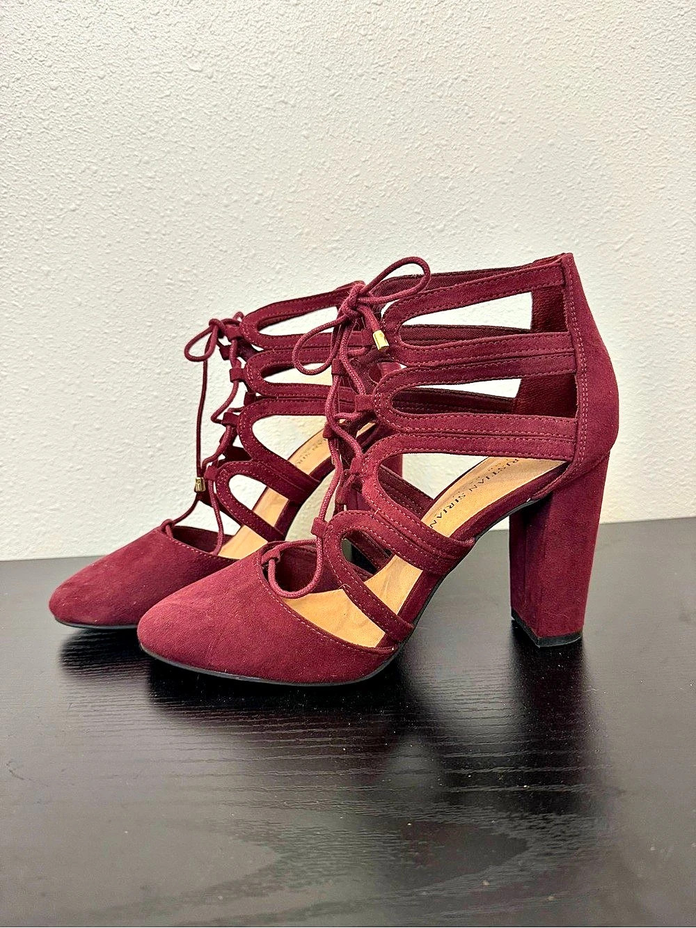 Christian Siriano Suede Lace Up Strappy Block Heel Shoes